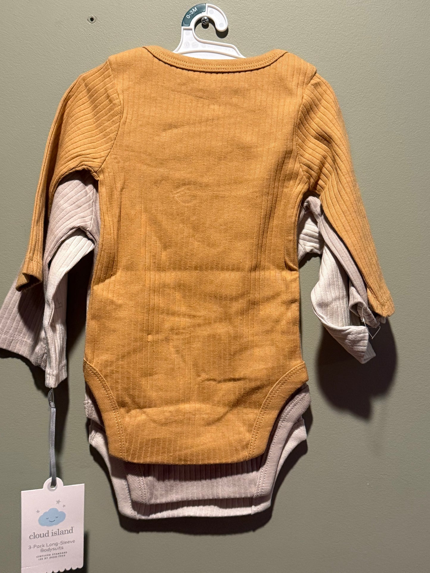 Baby 3pk Birds Long Sleeve Wide Ribbed Bodysuit - Cloud Island™ Bronze 0-3M