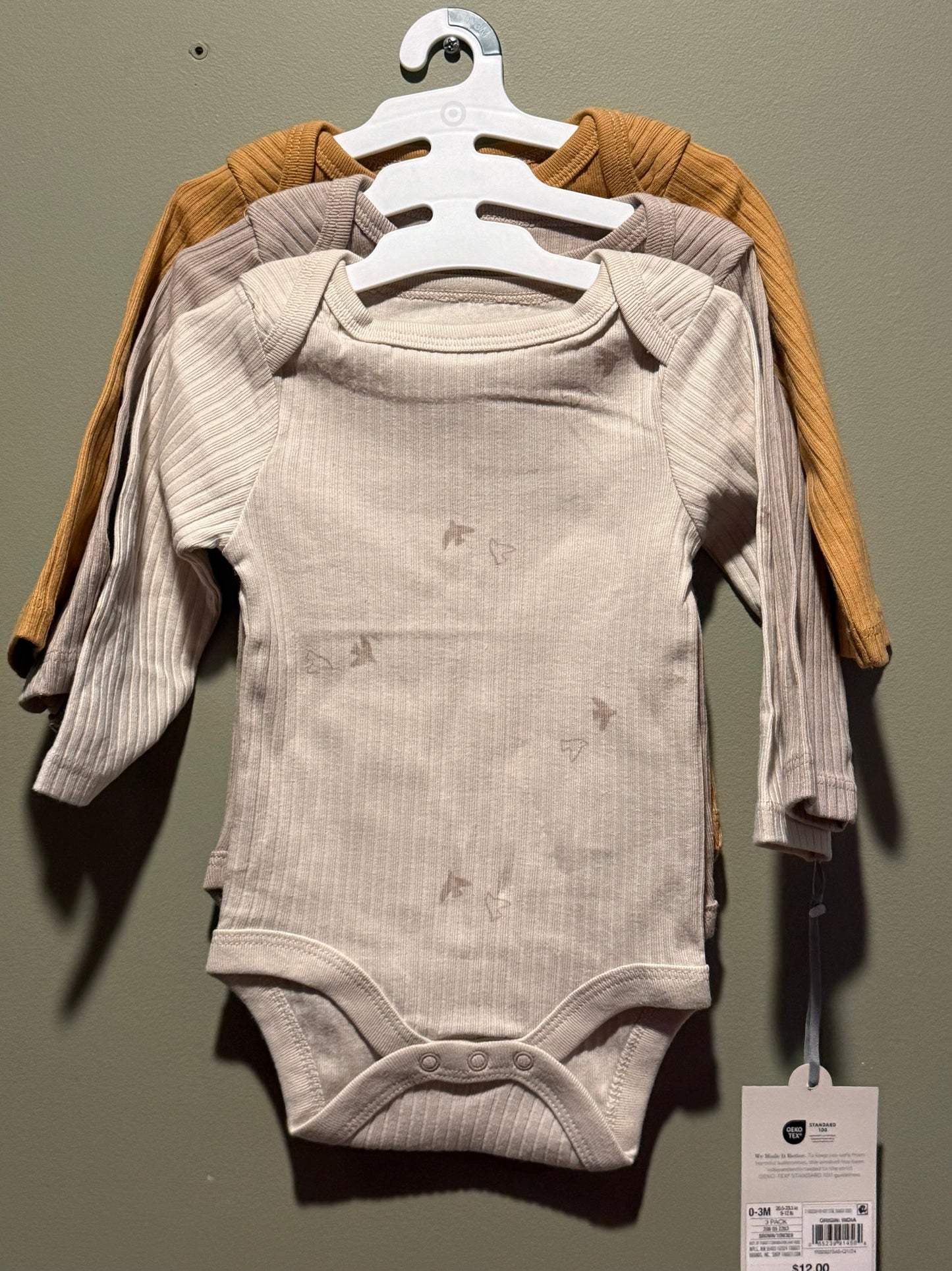 Baby 3pk Birds Long Sleeve Wide Ribbed Bodysuit - Cloud Island™ Bronze 0-3M
