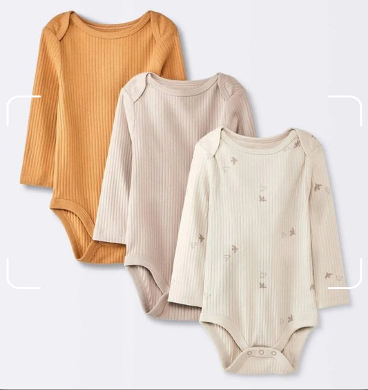 Baby 3pk Birds Long Sleeve Wide Ribbed Bodysuit - Cloud Island™ Bronze 0-3M